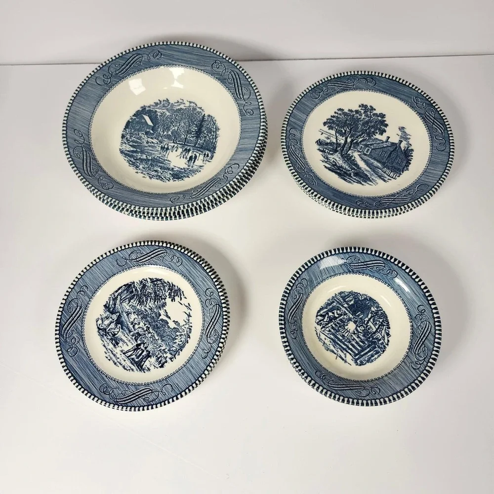 Royal‎ China Currier and Ives Blue White Plates Soup Bowls 12pcs Set Made in USA